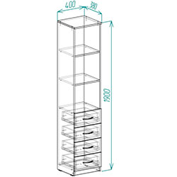 Фото Пенал Анжело на 3 полиці із 4 ящиками 1900x400x380