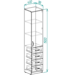 Фото Пенал Анжело на 3 полиці з дверима та 4 ящиками 1900x400x380